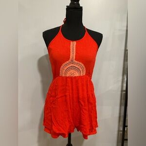 Jealous Tomato Red Halter Top Backless Romper with Crochet Detailing
